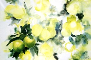 Keltavihreän sävyinen suuri maalaus, jossa tausta maalattu laveasti. Etualalla tarkasti maalattu limepuun oksa, jossa yksityiskohtaisia limehedelmiä sekä lehtiä.